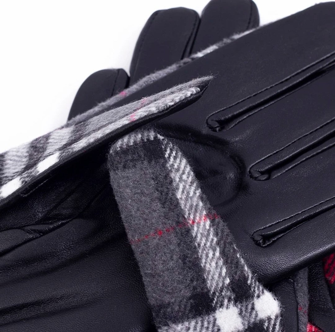 Plaid Leather Gloves with Cashmere Lining for Women