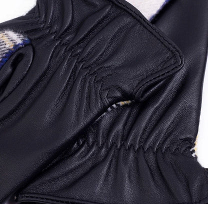 Plaid Leather Gloves with Cashmere Lining for Women