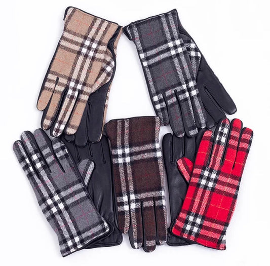 Plaid Leather Gloves with Cashmere Lining for Women